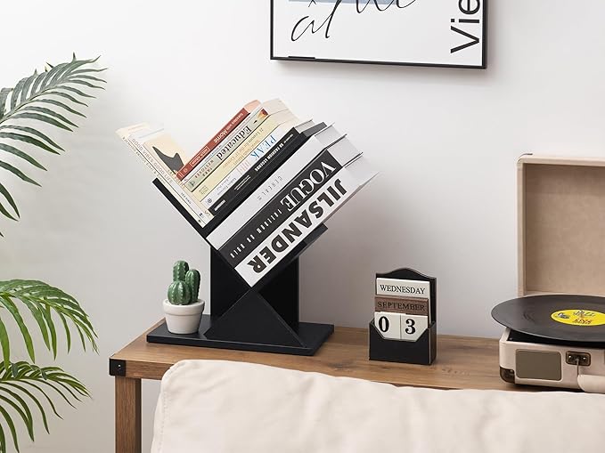 Labcosi 2 Tier Tree Bookshelf, Small Bookshelf for Storing Books/CDs, Wood Book Organizer Shelves for Home Office, Bedroom, Living Room, Black - LeafyLoom
