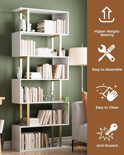 Gadroad 6-Tier Geometric Bookcase,S Shaped Bookshelf, Wood Decorative Storage Shelving, Modern Freestanding Display Shelves, Tall Book Shelf Unit for Living Room Bedroom - LeafyLoom