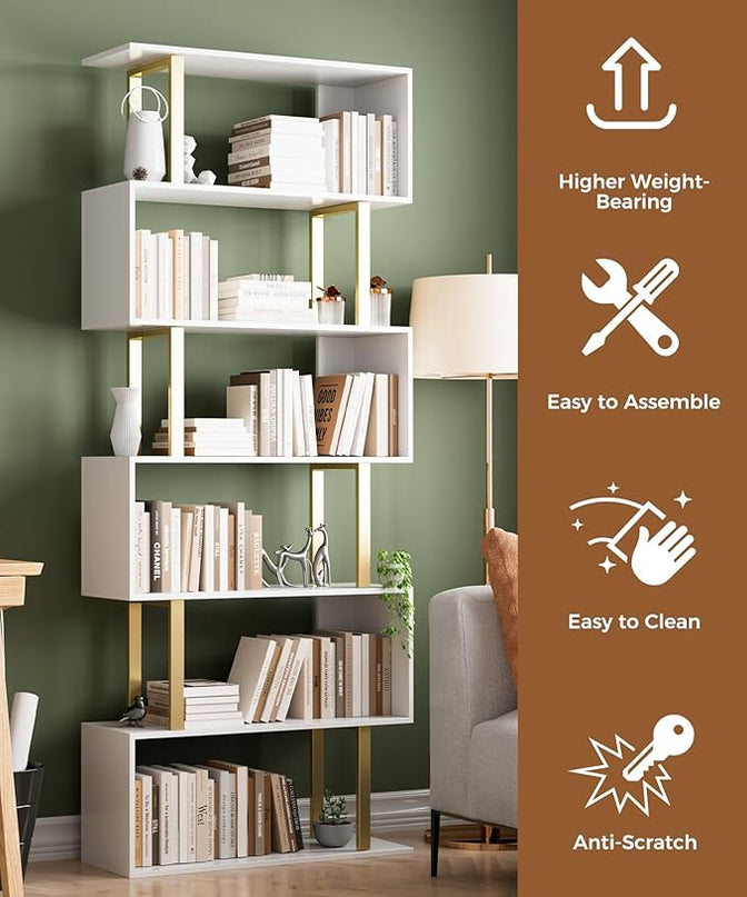 Gadroad 6-Tier Geometric Bookcase,S Shaped Bookshelf, Wood Decorative Storage Shelving, Modern Freestanding Display Shelves, Tall Book Shelf Unit for Living Room Bedroom - LeafyLoom