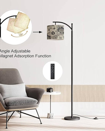 Modern Arc Floor Lamp with Dimmer Mid Century Luxury for creating textiles paper Seamless garden flowers peonies Metal Standing Lamp with Linen Shade Footswitch for Living Room Bedroom Office - LeafyLoom