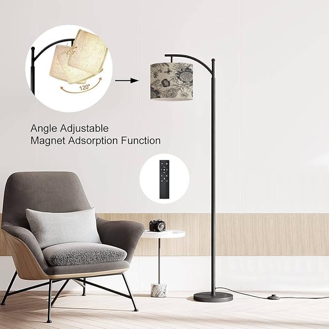 Modern Arc Floor Lamp with Dimmer Mid Century Luxury for creating textiles paper Seamless garden flowers peonies Metal Standing Lamp with Linen Shade Footswitch for Living Room Bedroom Office - LeafyLoom
