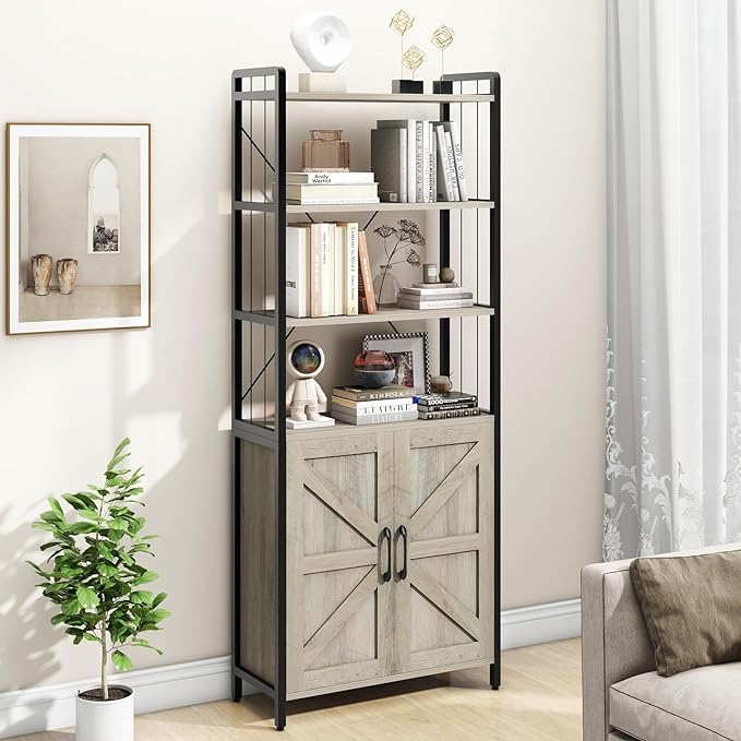 𝐇𝐚𝐥𝐢𝐭𝐚𝐚 Bookshelf and Bookcases with Doors Gray 6 Shelf Display Storage Shelves Tall Bookshelf Versatile Organizer Storage Cabinet Home Decor Furniture for Home Office, Study, Living Room - LeafyLoom