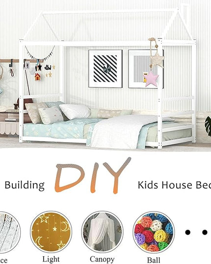 Bellemave Twin Size Montessori Floor Bed for Kids,Floor Bed with Roof, House Bed for Boys Girls,Metal House Shape Platform Bed Twin,White - LeafyLoom