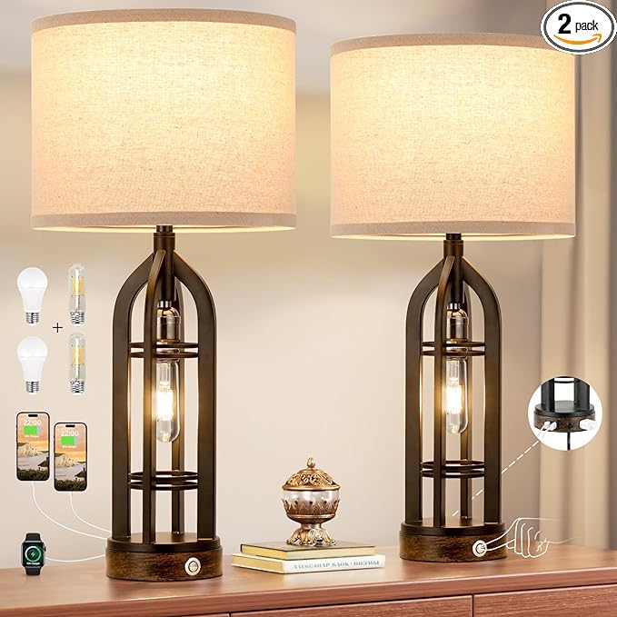 Table Lamp for Living Room - Lamps Set of 2 with USB C+A & Outlet, 3-Way Dimmable Farmhouse Lamps for Night Stands, Rustic Bedside Lamp for End Tables, Industrial Nightstand Lamps for Bedroom - LeafyLoom