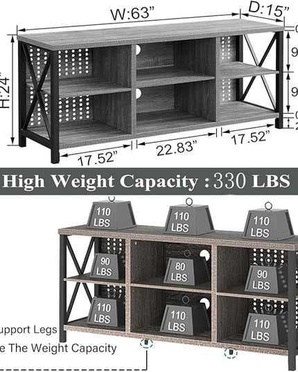 LVB TV Stand for 75 Inch TV, Long Modern Rustic Wood Entertainment Center, Large Industrial Metal Media Television Stands with Console Table Cabinet Storage for Living Bedroom, Light Gray Oak, 63 Inch - LeafyLoom