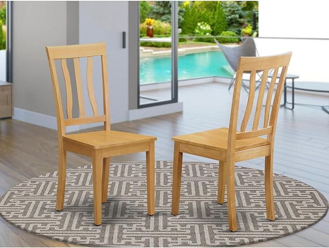 East West Furniture ANC-OAK-W Antique Dining Room Chairs - Slat Back Wooden Seat Chairs, Set of 2, Oak - LeafyLoom