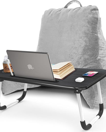 Clara Clark Reading Pillow with Portable Lap Desk for laptop Set, Back Pillow for Sitting Up in Bed, Memory Foam Back Support Pillow, Bed Rest Pillow with Foldable Laptop Desk, Standard - Light Grey - LeafyLoom