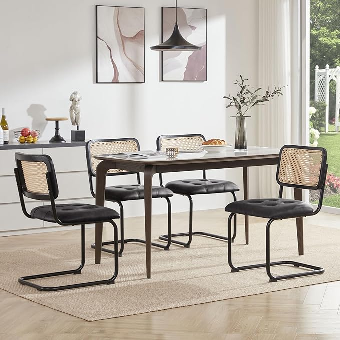 Farini Kitchen Dining Chairs Set of 2,Mid-Century Modern Chair Armless Mesh Backrest Cane Rattan Chairs for Home Dining Room(Black-PU Leather) - LeafyLoom
