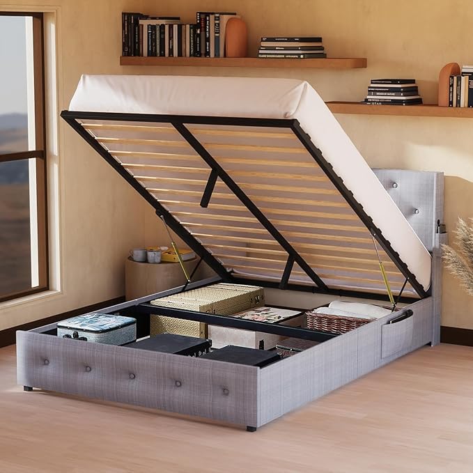 Queen Lift Up Storage Bed Frame, Button Tufted Wingback Headboard with USB Ports,Hydraulic Storage, Wood Slats Support, No Box Spring Needed, Noise-Free - LeafyLoom