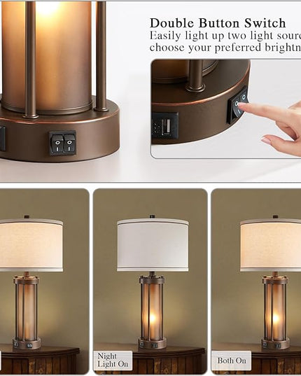Set of 2 Farmhouse Table Lamps for Living Room with 2 USB Ports, Vintage Rustic Nightstand Lamps with Amber Glass Nightlight, Retro Desk Lamps for Bedroom Entryway, 4 Bulbs Included (Brown) - LeafyLoom
