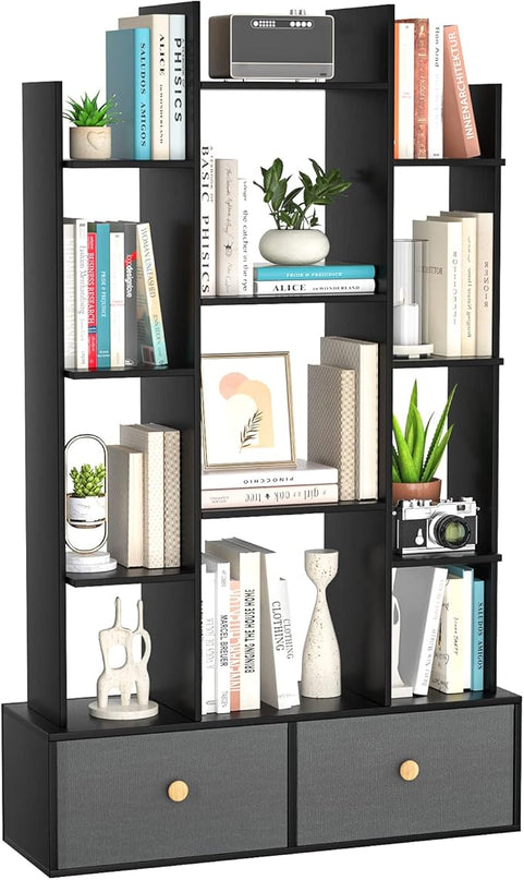 Unikito Book Shelf with 2 Drawers Free Standing Bookcase, Office Storage Shelf Organizer with 12 Open Bookshelf, Industrial Wood Book Case Display Rack for Bedroom, Living Room Home Office, Black - LeafyLoom
