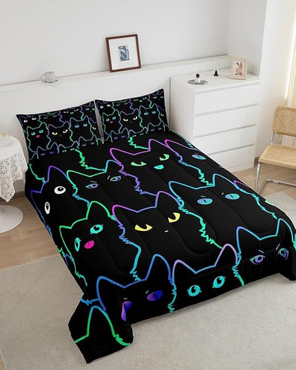 Erosebridal Teen Girl Bedding Full Size Cute Cat Kids Comforter Set Rainbow Line Cats Bedding Sets for Girls Boys Cartoon Kawaii Animal Quilt Set Reversible Black All Season,2 Pillow Cases - LeafyLoom
