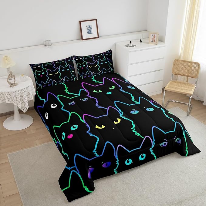 Erosebridal Teen Girl Bedding Full Size Cute Cat Kids Comforter Set Rainbow Line Cats Bedding Sets for Girls Boys Cartoon Kawaii Animal Quilt Set Reversible Black All Season,2 Pillow Cases - LeafyLoom