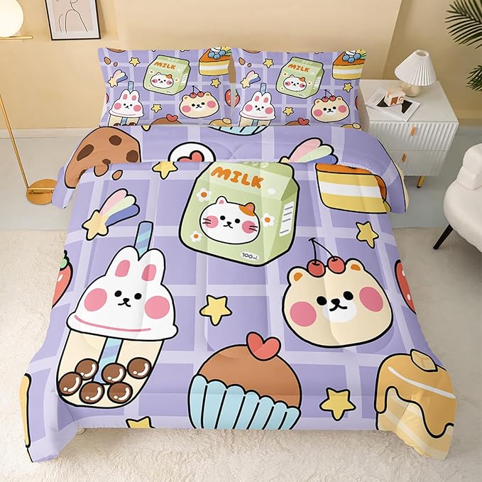 Kawaii Bear Comforter Set for Kids Teens Girls Women,Purple Bear Kids Comforter,1 Comforter with 2 Pillowcase, Microfiber 3 Piece Bedding Set,for All Seasons(Purple，Twin Size) - LeafyLoom