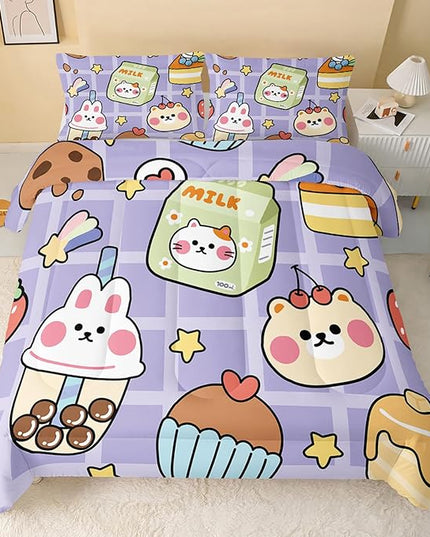 Kawaii Bear Comforter Set for Kids Teens Girls Women,Purple Bear Kids Comforter,1 Comforter with 2 Pillowcase, Microfiber 3 Piece Bedding Set,for All Seasons(Purple，Full Size) - LeafyLoom