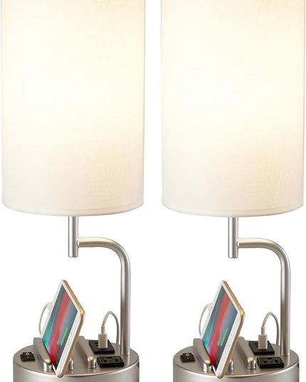 Dreamholder Table Lamp with 3 USB Charging Ports, Modern Desk Lamp with AC Outlet and Phone Stands, Perfect Bedside Lamp for Bedroom, Living Room, Office (Pack of 2), Silver - LeafyLoom