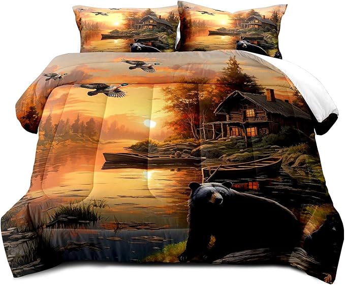 LUVIVIHOME 2PCS Black Bear Comforter Set Twin Size, Rustic Cabin Bedding, Forest Animals Mallard Duck Wildlife Hunting Hunter Country Lodge Farmhouse Bedroom Decor, Microfiber Quilt, 1 Pillow Sham - LeafyLoom