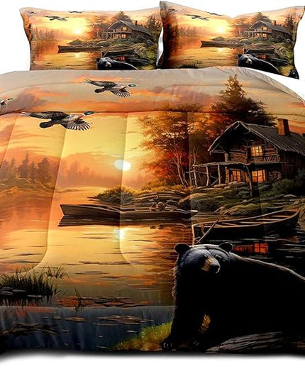 LUVIVIHOME 3PCS Black Bear Comforter Set Full Size, Rustic Cabin Bedding, Forest Animals Mallard Duck Wildlife Hunting Hunter Country Lodge Farmhouse Bedroom Decor, Microfiber Quilt, 2 Pillow Shams - LeafyLoom