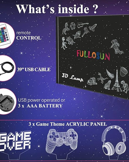 FULLOSUN Pixel Game Over Illusion Lamp, Gamepad 3D Night Light (3 Patterns) with Remote Control 16 Color Changing Gaming Room Headset Decor Best Gamer Gift - LeafyLoom