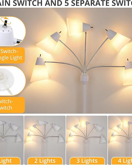 FOLKSMATE Floor Lamp, Medusa Multi Head Modern Tall Standing Lamps, Rustic Adjustable Gooseneck LED Reading Light for Living Room, Bedroom, Kids 5 White & Colored Lamp Shades, White - LeafyLoom
