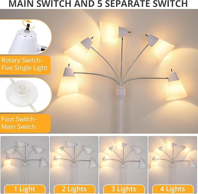 FOLKSMATE Floor Lamp, Medusa Multi Head Modern Tall Standing Lamps, Rustic Adjustable Gooseneck LED Reading Light for Living Room, Bedroom, Kids 5 White & Colored Lamp Shades, White - LeafyLoom