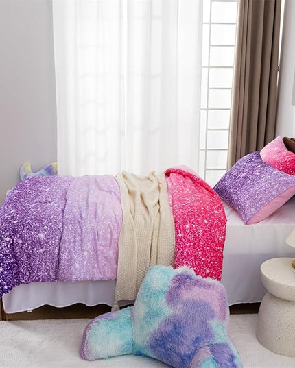 Holawakaka Kids Space Star Glitter Comforter Set Ombre Pink Purple Print Ombre Bedding Set Twin/Twin XL Size Girls Gradient Galaxy Dorm Bed Sets (Pink Purple,Twin) - LeafyLoom