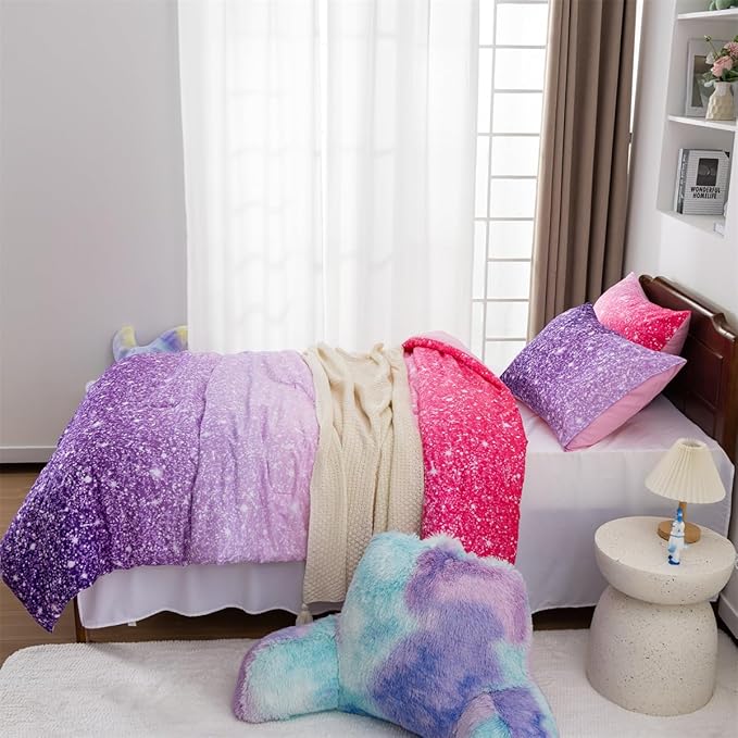 Holawakaka Kids Space Star Glitter Comforter Set Ombre Pink Purple Print Ombre Bedding Set Twin/Twin XL Size Girls Gradient Galaxy Dorm Bed Sets (Pink Purple,Twin) - LeafyLoom