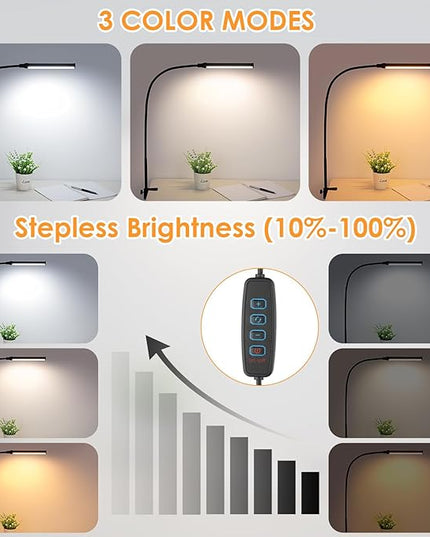 ShineTech LED Desk lamp with Clamp, Eye-Caring Clip Lights for Home Office, 3 Colors Full Brightness, Flexible Gooseneck USB Adapter Table Lamp, Black - LeafyLoom