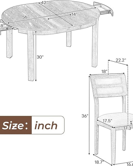 5-Piece Farmhouse Extendable Round Dining Table Set with Two 4 Upholstered Chairs for Kitchen, Breakfast Nook, Living Room, 42"-56" L x 42" W x 30" H, Natural Wood Wash(2 Small Drawers) - LeafyLoom