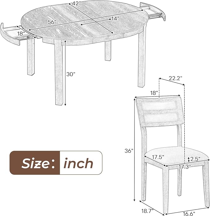 5-Piece Farmhouse Extendable Round Dining Table Set with Two 4 Upholstered Chairs for Kitchen, Breakfast Nook, Living Room, 42"-56" L x 42" W x 30" H, Natural Wood Wash(2 Small Drawers) - LeafyLoom