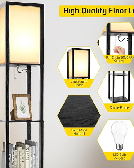 Shelf Floor Lamp, Shelves Floor Lamp for Living Room Bedroom, 4-Tier Modern Shelf Floor Lamp with 3CCT LED Blub(Black) - LeafyLoom