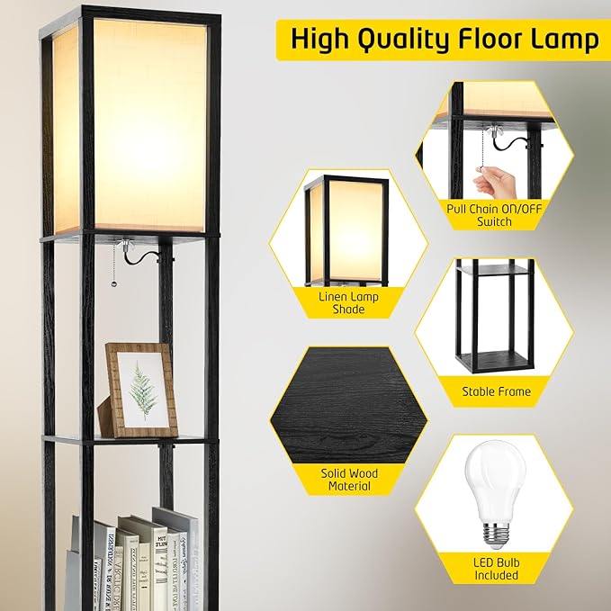 Shelf Floor Lamp, Shelves Floor Lamp for Living Room Bedroom, 4-Tier Modern Shelf Floor Lamp with 3CCT LED Blub(Black) - LeafyLoom
