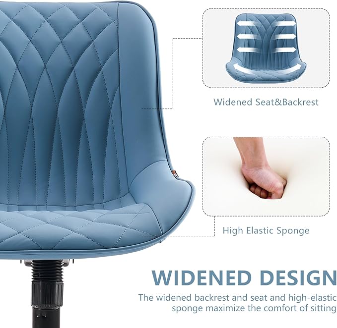YOUNIKE Desk Chair with Wheels Armless Office Chair Swivel Rolling Task Chair with Back Upholstered Faux Leather Computer Chair Height Adjustable Modern Ergonomic Seat, Loads 300 lbs, Blue - LeafyLoom