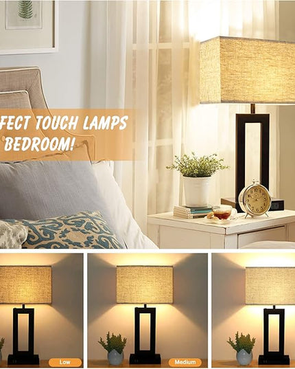 Tall Table Lamps for Living Room Set of 2, Modern Bedside Lamps w. 2 USB Ports, 3-Way Dimmable Touch Control Nightstand Lamp Set w. Fabric Cream Shade for Bedroom End Table, 22 in - LeafyLoom