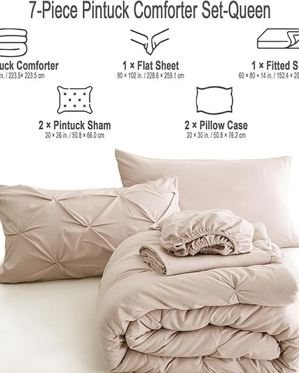 Ubauba 7pc Beige Queen Comforter Set with Sheets, 7 Piece Pintuck Bed in a Bag Ivory with Comforter and Sheets, Off White Bedding Comforters & Sets (Cream, Queen Size) - LeafyLoom