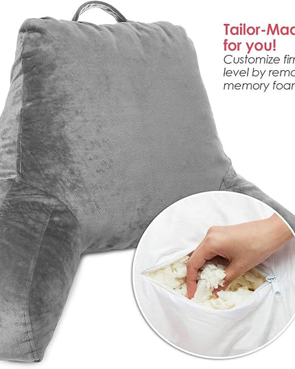 Clara Clark Reading Pillow, Standard Back Pillow for Sitting Up in Bed, Memory Foam Back Support Pillow, Reading Pillows for Sitting in Bed, Grey Sit Up Pillow for Bed Chair Arm Pillow with Pockets - LeafyLoom