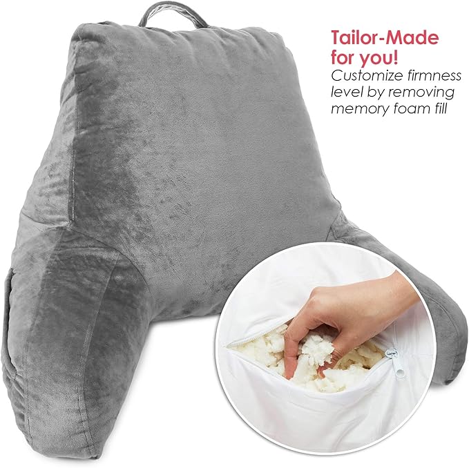 Clara Clark Reading Pillow for Kids, Small Back Pillow for Sitting Up in Bed, Memory Foam Back Support Pillow, Reading Pillows for Sitting in Bed Grey Gaming Pillow for Bed Chair with Arms and Pockets - LeafyLoom