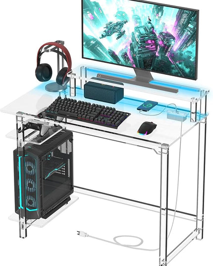 HMYHUM Acrylic Gaming Desk with LED Lights & Charging Station, Clear Computer Desk with Monitor Stand and Shelves, Home Office Desk with USB Ports & Outlet, 39.4" L x 19.7" W x 29.5" H - LeafyLoom