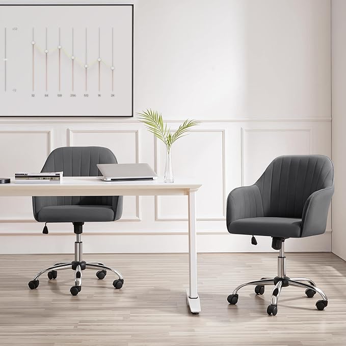 Yaheetech Modern Velvet Desk Chair Soft Height-Adjustable Swivel Computer Chair for Makeup Room Living Room Bedroom Soft Upholstered Office Chair Gray - LeafyLoom