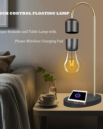 Levitating Light Bulb Lamp with Wireless Charging Pad (Apple/Android) Magnetic Levitation Floating Table Lamp Gold with Replacement Bulb for Home Office Christmas Gift Bedroom Decoration - LeafyLoom