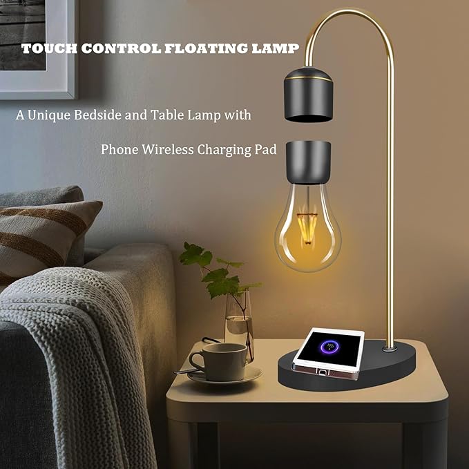 Levitating Light Bulb Lamp with Wireless Charging Pad (Apple/Android) Magnetic Levitation Floating Table Lamp Gold with Replacement Bulb for Home Office Christmas Gift Bedroom Decoration - LeafyLoom