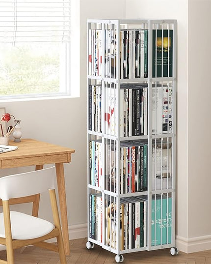 Rotating Bookcase White 4 Tiers Metal Bookshelf Large Capacity for Small Space with Storage and Creative Multi-Layer Shelves,Magazine&Books for Bedroom Living Room Study and Office - LeafyLoom