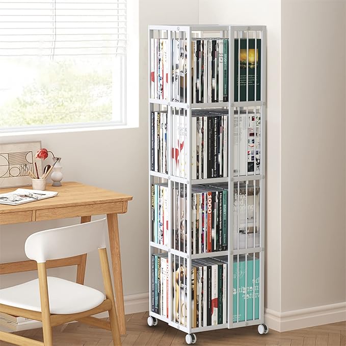 Rotating Bookcase White 4 Tiers Metal Bookshelf Large Capacity for Small Space with Storage and Creative Multi-Layer Shelves,Magazine&Books for Bedroom Living Room Study and Office - LeafyLoom