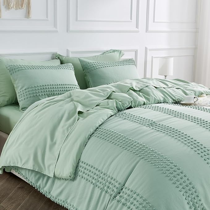 ENJOHOS Sage Green Queen Comforter Set - Boho Bedding Sets Queen Size, 3 PCS Tufted Comforter with Pom Pom Design for All Season, Lightweight Soft Microfiber Cooling Comforter with 2 Pillow Cases - LeafyLoom