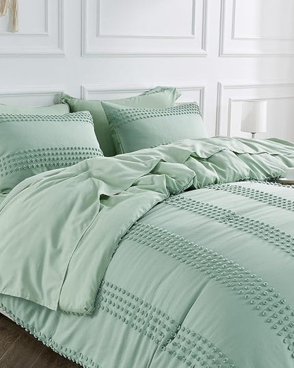 ENJOHOS Sage Green Full Size Comforter Set Boho Bedding Full for Teen Girls, 3 PCS Tufted Comforter with Pom Pom Design for All Season Lightweight Soft Microfiber Comforter with 2 Pillow Cases - LeafyLoom