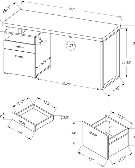 Monarch Specialties Computer Writing Desk for Home & Office Laptop Table with Drawers Open Shelf and File Cabinet-Left or Right Set Up, 60" L, Dark Taupe - LeafyLoom