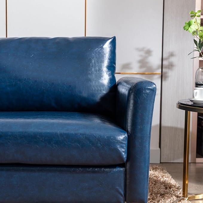 Dreamsir 80'' Faux Leather Sofa Couch, Mid-Century Modern Sofa with Solid Wooden Frame & Padded Cushions, 3-Seater Couch for Living Room, Apartment, Lounge Room (Blue) - LeafyLoom