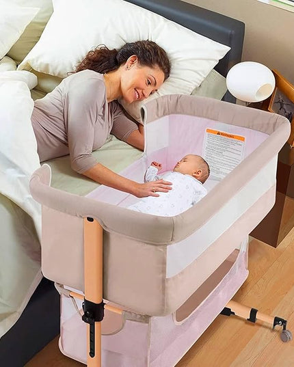 3 in 1 Baby Crib Bedside Crib,Baby Bassinet,Baby Bed Adjustable Portable Bed for Infant/Baby,Light Beige - LeafyLoom