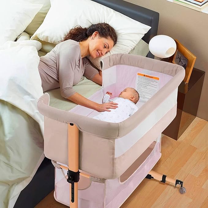 3 in 1 Baby Crib Bedside Crib,Baby Bassinet,Baby Bed Adjustable Portable Bed for Infant/Baby,Light Beige - LeafyLoom