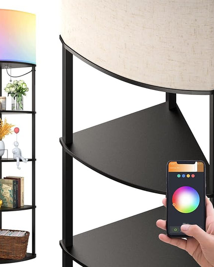 addlon Smart 5-Tier Shelf Floor Lamp with RGB Bulb and White Lamp Shade - Corner Display Floor Lamps with Shelves for Living Room, Bedroom and Office - Black - LeafyLoom